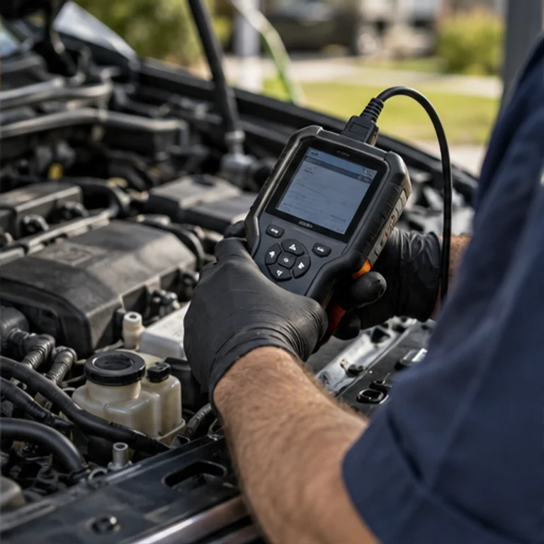 Outil de diagnostic automobile connecté près du moteur